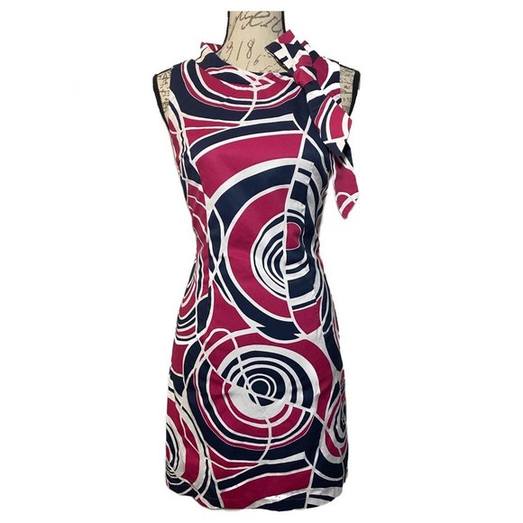 MERONA Abstract Sheath Dress with side Bow Tie Size 6 Pink Blue White - Picture 1 of 7